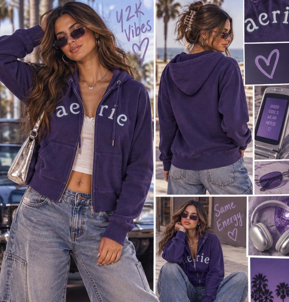 Vintage Aerie Womens Full-Zip Spell Out Purple Hoodie Sz L (Fit M)